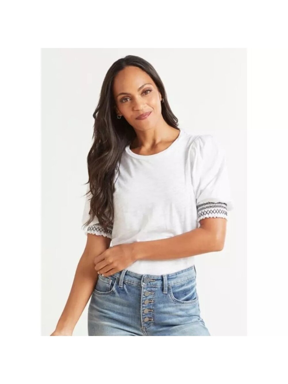 Goldie Top XS Pima Cotton Puff Sleeve Crew Smocked Cuffs Minimalist Office